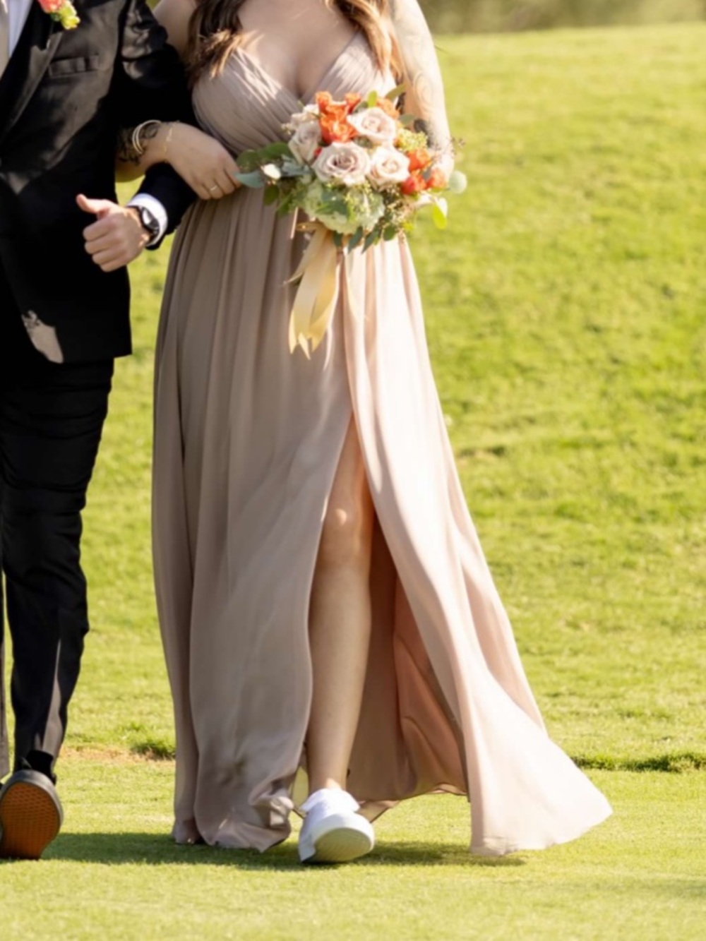 Azazie Blush Taupe V-Neck Side-Slit Bridesmaid Dress